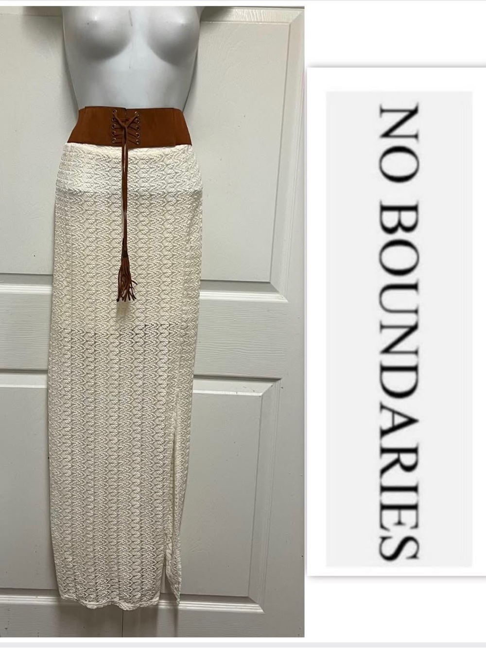 No Boundaries Cream Crochet Maxi Skirt with Brown Lace-Up Waist
